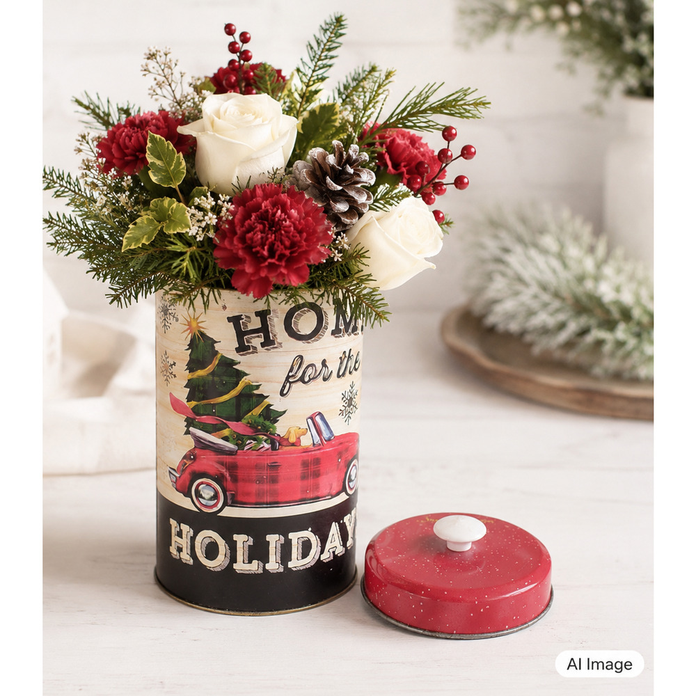 🚗🎄VTG Red Car Santa Edwiges 🍪Home for the Holidays Rustic Cookie Tin RARE